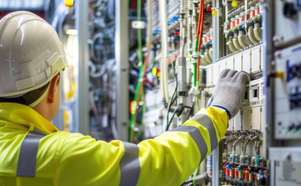 Electrical services technician inspecting and maintaining an industrial electrical control panel while wearing protective safety equipment.