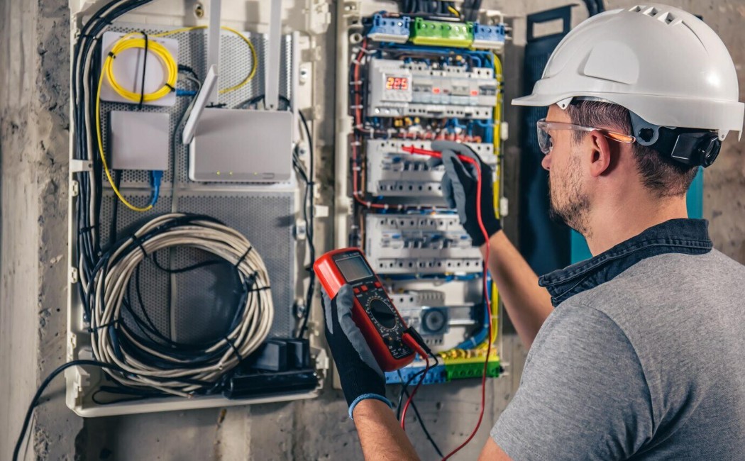 Electrical services professional using a digital multimeter to inspect and test an electrical control panel safely.