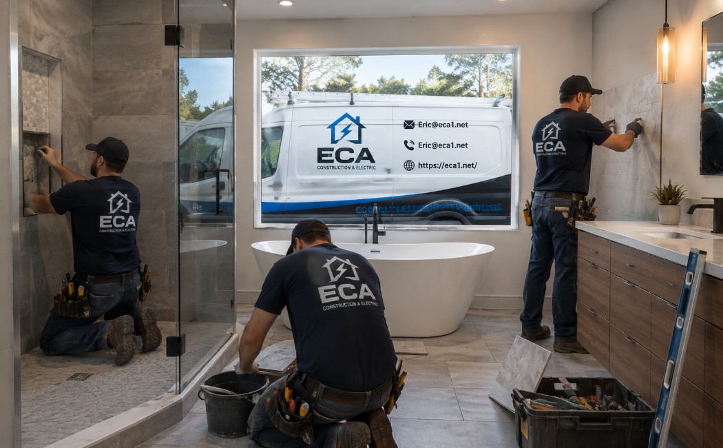 ECA Construction & Electric experts working on a residential bathroom remodeling and modern home upgrade