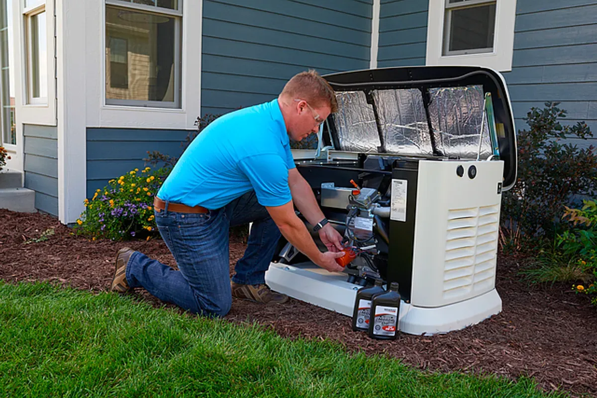 Home Generator Installation technician maintaining a residential generator for efficient backup power.