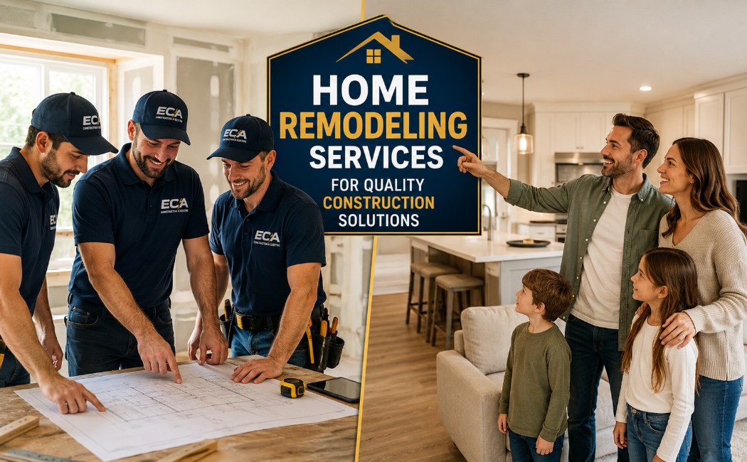 Professional ECA Construction & Electric Home remodeling experts reviewing renovation plans while a happy family stands inside their newly remodeled home.