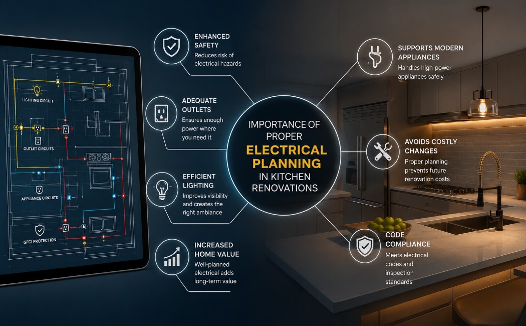 Importance of proper electrical planning in kitchen renovations with wiring, outlets, lighting, and appliance circuits