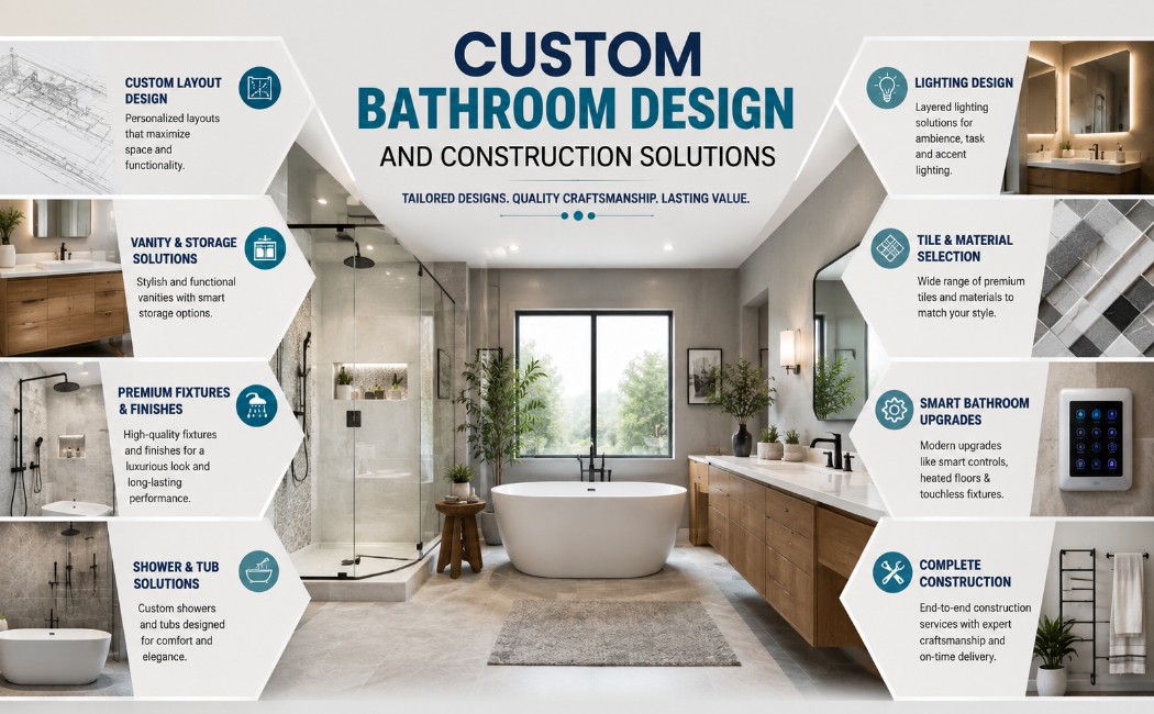 Modern bathroom remodeling services with upgraded shower, vanity, bathtub, and contemporary fixtures