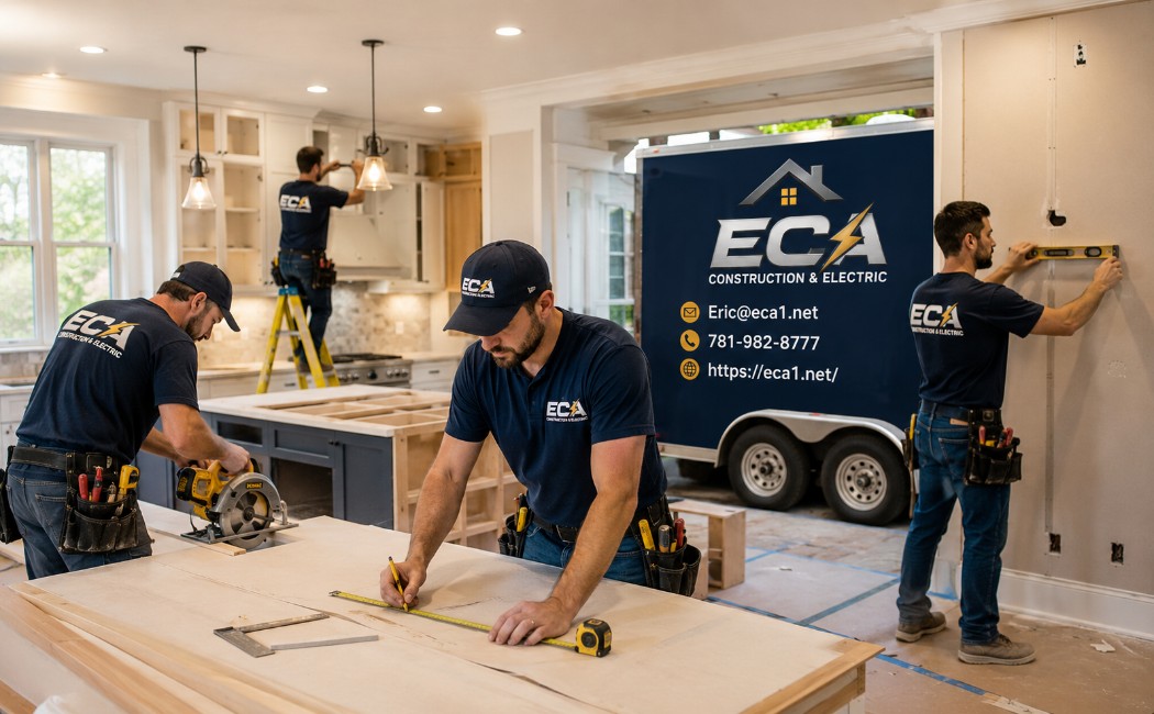 Skilled ECA Construction & Electric contractors performing kitchen remodeling, cabinet installation, framing, and home renovation while a branded company trailer is visible in the background.
