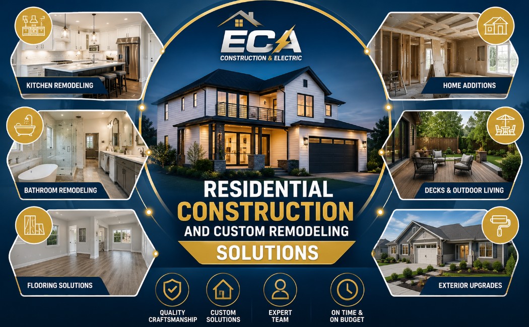Modern home remodeling solutions featuring kitchen renovation, bathroom remodeling, flooring installation, home additions, and exterior improvements completed by ECA Construction & Electric.
