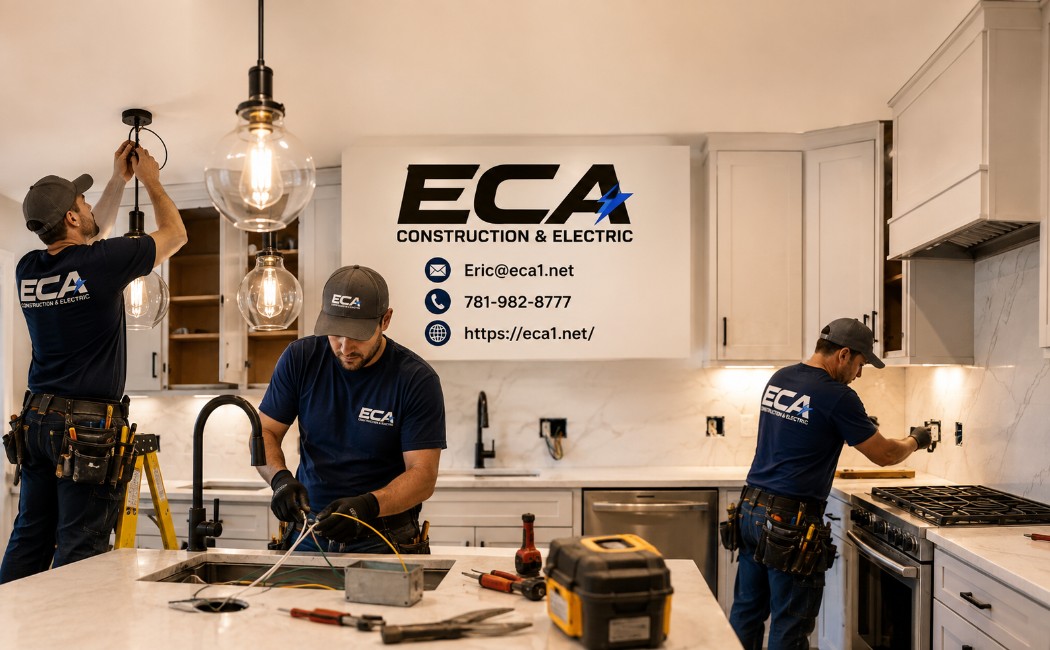 Residential kitchen electrical remodeling experts installing lighting, outlets, and electrical wiring in a modern kitchen