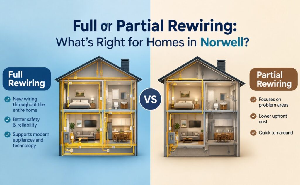 Full and partial rewiring options for Norwell homes showing complete and targeted residential rewiring