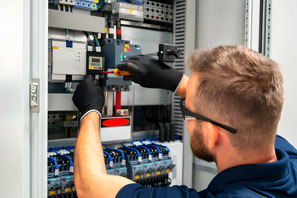 Trusted Electrical Services technician repairing an electrical control panel Trusted Electrical Services technician safely inspecting and repairing an electrical control panel with professional tools and protective gear.
