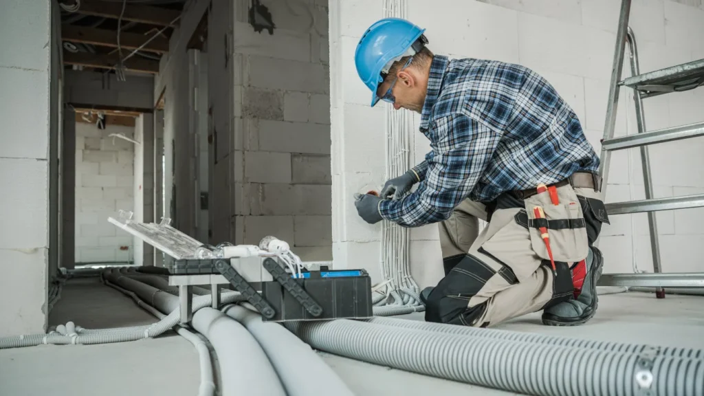 Commercial Electrical Wiring and Conduit Installation in Progress A commercial electrical wiring professional is installing and organizing electrical conduits in a commercial building under construction, ensuring safe, efficient, and reliable power distribution for modern business facilities.